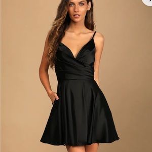 Black Satin Skater Dress with Pockets